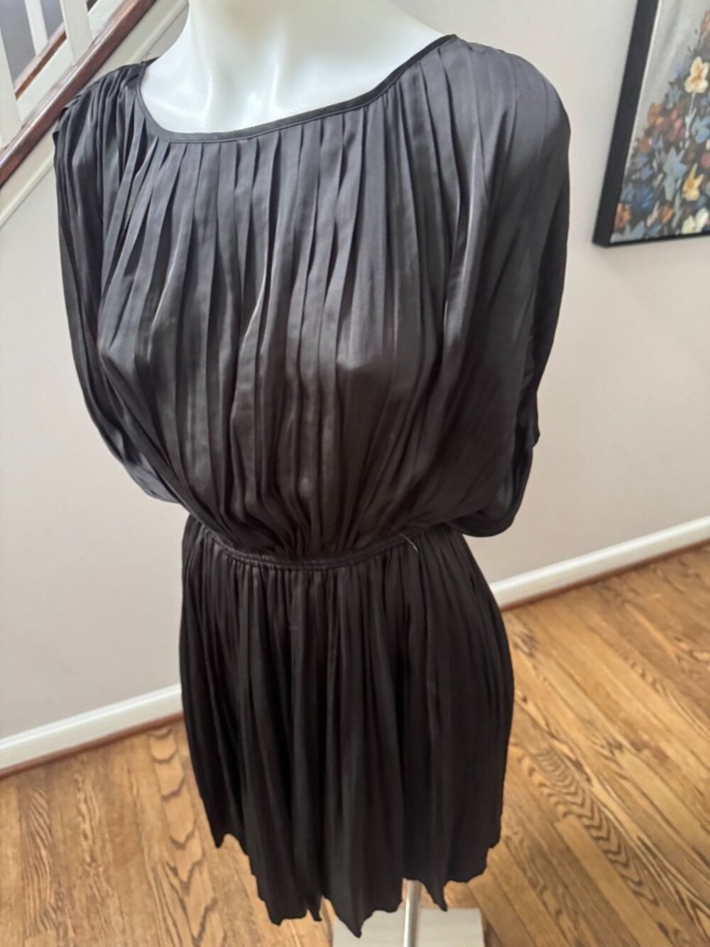 Anine Bing Giana Pleated Satin Plisse Accordion Mini Dress Black Size Medium - Picture 3 of 4